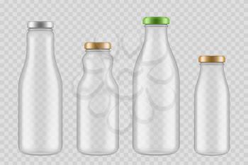 Jar glass bottles. Transparent packages for drinks juice and liquid food glassware empty vector mock up. Illustration of bottle glass for drink