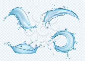 Waters realistic. Aqua splashes liquid fresh drops watering vector collection. Illustration of liquid aqua, purity transparent clean