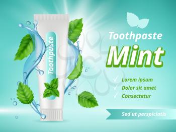 Mint toothpaste. Dent protection oral care advertizing placard vector realistic template. Antibacterial hygiene and health, clean tooth illustration