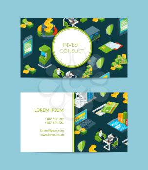 Vector isometric money flow in bank business card template for bank or finance investment and consult company illustration