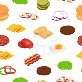 Vector isometric burger ingredients pattern or background illustration. Ingredient hamburger seamless pattern 3d isometric