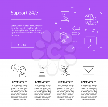Vector line call support center icons landing page template illustration