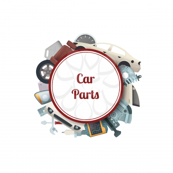 Vector car parts under circle with place for text illustration isolated on white