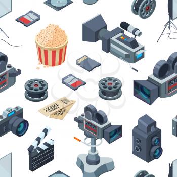 Vector cinematograph isometric elements pattern or background illustration. Seamless pattern cinema, isometric film and video, 3d cinematography production