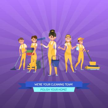 Vector cleaning service cartoon men and women with cleaning equipment on sunrays background with ribbon illustration. Cleaner professional worker in uniform with equipment