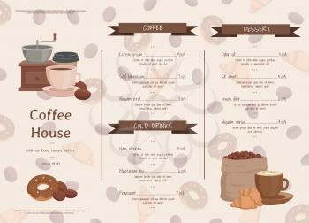 Vector cartoon coffee house menu template illustration. Hot beverage of set