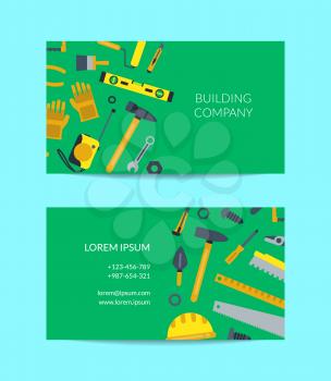 Vector flat construction tools business card template for hardware store or repairs company illustration