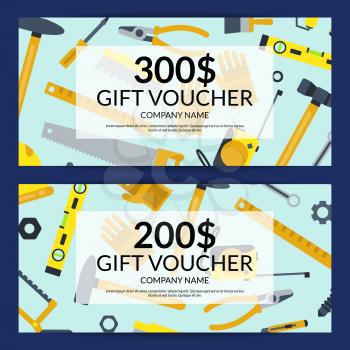 Vector flat construction tools discount or gift voucher price templates illustration isolated