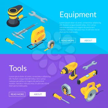 Vector construction tools isometric icons horizontal web banners and poster illustration
