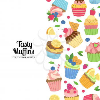 Web banner or poster vector cute cartoon muffins or cupcakes background with place for text illustration