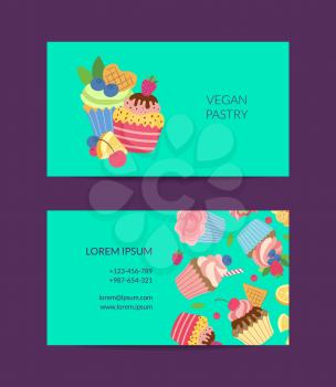 Vector cute cartoon muffins or cupcakes business card template for pastry shop illustration