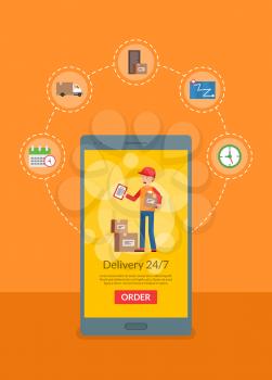 Vector delivery flat elements around phone online shopping concept illustration. Delivery mobile online, web store and shop