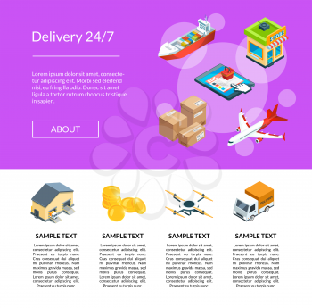 Vector isometric logistics and delivery icons landing page template illustration. Delivery distribution, plane and ship
