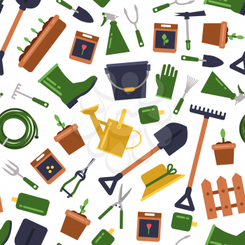 Vector colored flat gardening icons tools pattern or background illustration