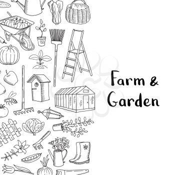 Vector banner and poster gardening doodle icons background with place for text illustration
