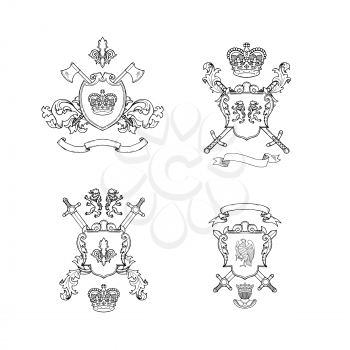 Heraldics chivalry arms. Vector hand drawn heraldics illustration. Shield armor and weapon sword sketch badge