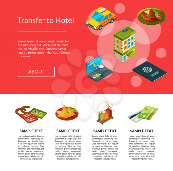Vector isometric hotel icons landing page template illustration. Web banner poster