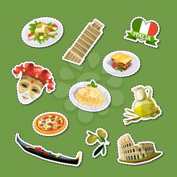 Vector cartoon italian cuisine elements stickers set illustration isolated on green background