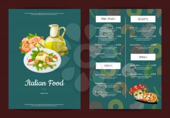 Vector cartoon italian cuisine cafe or restaurant menu template illustration