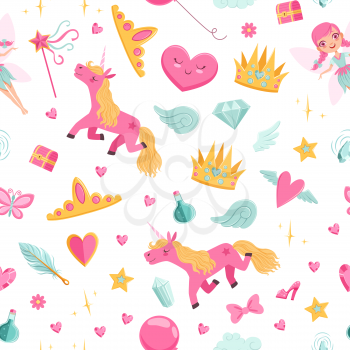 Vector cute cartoon magic and fairytale elements pattern or background illustration. Fairytale fantasy pattern with magic unicorn