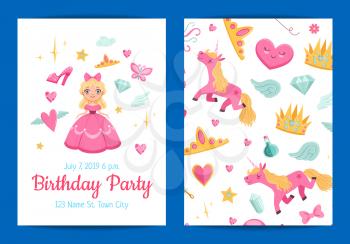 Vector cute cartoon magic and fairytale elements birthday party invitation template illustration