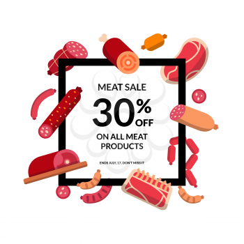 Vector flat meat and sausages icons flying around frame with text illustration
