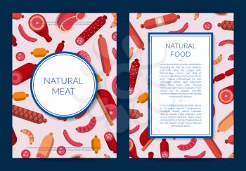 Vector flat meat and sausages icons card or flyer template illustration. Web banner or poster