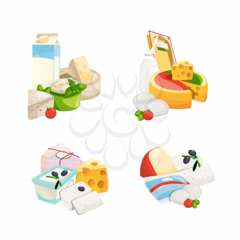 Vector cartoon dairy and cheese products piles set isolated on white background illustration. Dairy food, cheese product and milk