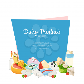 Vector cartoon dairy and cheese products below frame with place for text illustration