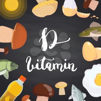 Vector vitamin D elements, mushrooms, eggs, sun and fish on black chalkboard illustration. Nutrition with vitamin d for healthy, ergocalciferol ingredient