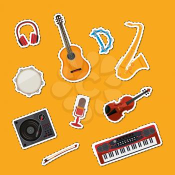 Vector cartoon musical instruments stickers set illustration. Instrument guitar and drum, tambourine and synthesizer
