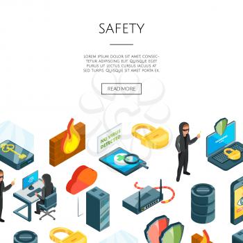 Vector isometric data and computer safety icons background with place for text illustration