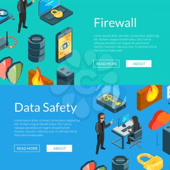 Vector isometric data and computer safety icons web banner templates illustration. Digital internet technology