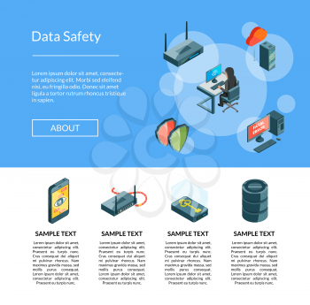 Vector isometric data and computer safety icons landing page template illustration. Banner with infographic