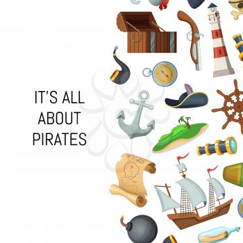 Vector cartoon sea pirates background with place for text illustration. Banner with sail boat
