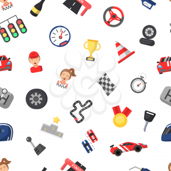 Vector flat car racing icons pattern or background illustration. Race auto sport pattern, podium and trophy