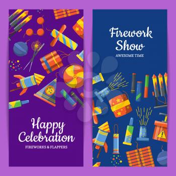 Vector cartoon pyrotechnics vertical flyer templates for party, firework show or pyrotehcnics company. Illustration of firework show with rocket, card template and banner