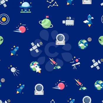Vector flat space icons pattern or background illustration. Colored cosmos elements