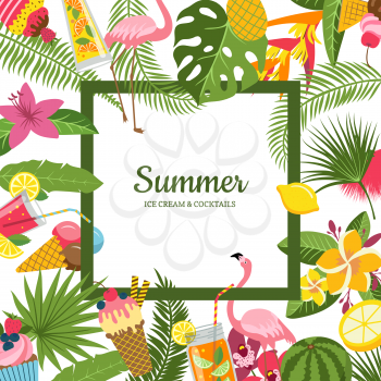 Vector flat cute summer elements, cocktails, flamingo, palm leaves background with place for text illustration