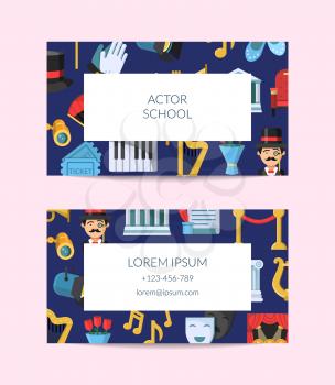 Vector flat theatre icons business card template for talent agency or actor classes illustration