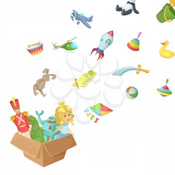 Vector cartoon children toys flying up out of box concept illustration