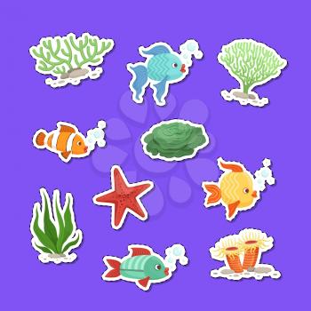 Vector cartoon underwater creatures and seaweed stickers set illustration isolated on background