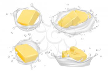 Realistic butter and milk splashes. Vector creamy butter isolated on white background. Milk and butter for breakfast, snack cream product illustration