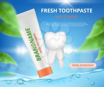 Toothpaste advertizing. Healthy tooth protection toothbrush with tube medical realistic illustration placard. Toothbrush and hygiene ad, advertisement health antibacterial paste