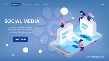 Social media landing page. Virtual communication vector concept. Isometric people with gadgets, laptop, smartphones. Social media technology, page social landing