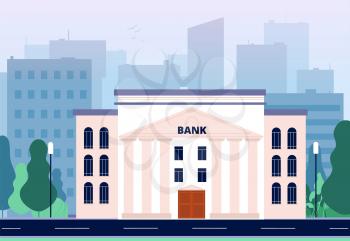 Bank in city. Business urban landscape with bank building office consulting financial center vector background. Financial office bank, business building federal, finance banking exterior illustration