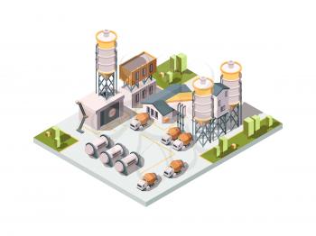 Concrete factory. Machinery manufactory production industrial concept cement mixer machine and tanks vector isometric. Illustration factory building, plant manufacturing
