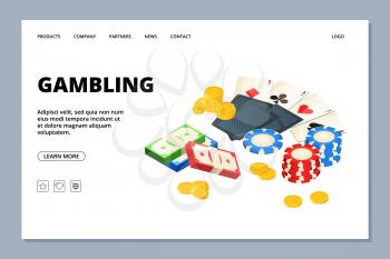Gambling web page. Isometric board games banner template. Vector money, coins, cards. Casino landing page. Illustration gambling game web page