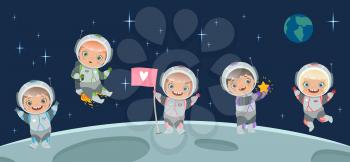 Kids astronaut on moon. Space background illustration. Cartoon character children in spacesuit, space trip vector illustration. Astronaut kid spaceman, explorer on moon in space