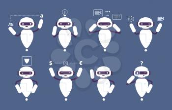 Chatbot robot. Online mascot cute character walking standing talking funny poses vector chatbot. Service bot speech, support robotic ai illustration